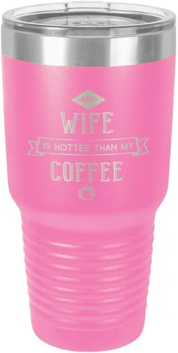 Vista 14 de Taza de viaje de acero inoxidable con popote y tapa superior deslizante My Wife Is Hot Than My Coffee Black de 30 onzas