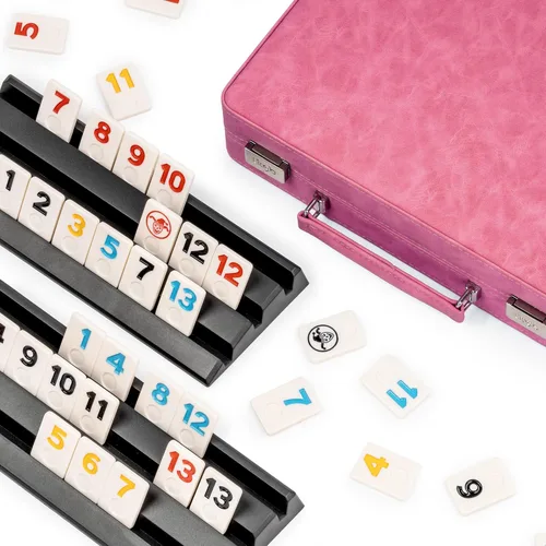 Vista 10 de Juego de Rummy, 2 a 4 jugadores con 106 fichas y 4 bastidores, juego de viaje Rummy con funda de piel sintética, divertidos juegos de mesa clásicos