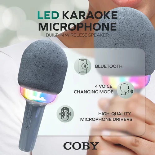 Vista 2 de Coby Micrófono LED para karaoke, micrófono inalámbrico con 5 modos de luz y 4 modos de cambio de voz, altavoz Bluetooth compatible con smartphone