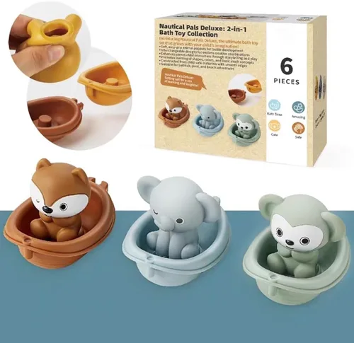Vista 2 de Juguete de baño para bebé, apilable, juguetes de bañera para bebés, flotante, tren de barco con marionetas de dedo de animales, juguete de baño