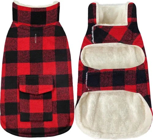 Vista 7 de Malier Chaqueta clásica de forro polar a cuadros con bolsillo, abrigo cálido a prueba de viento para perro, chaleco de invierno para mascotas, ropa