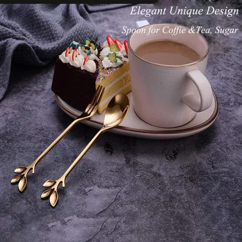 Vista 3 de Gold Leaf - Cuchara de café expreso para aperitivo, tenedor de postre, helado para té, azúcar, tenedor para pastel de frutas, acero inoxidable