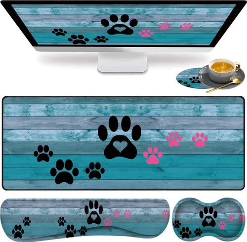 Vista 13 de Alfombrilla de mouse grande para juegos, reposamuñecas para teclado + almohadilla de muñeca para mouse + juego de posavasos extendido impermeable