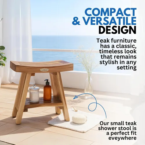 Vista 9 de EcoDecors Banco de ducha de teca con estante de 18", capacidad de 300 lb – Asiento de spa de madera impermeable completamente ensamblado