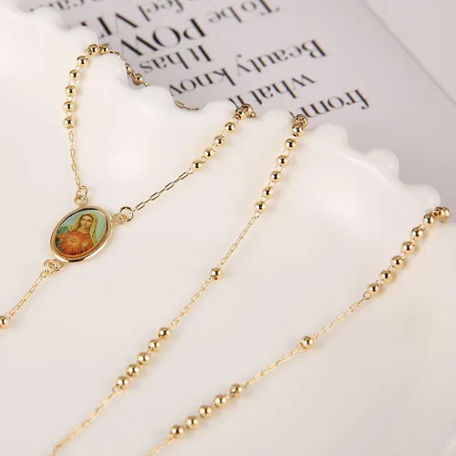 Vista 3 de HZMAN Gold Plated Dainty Choker Necklace Y-Shape Necklace Rosary Bead St. BenedictVirgin of Guadalupe Cross Pendant Adjustable Necklace for Women