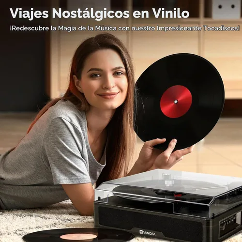 Vista 8 de VANGOA Tocadiscos de vinilo, tocadiscos de 3 velocidades con receptor Bluetooth, altavoces estéreo integrados, color negro