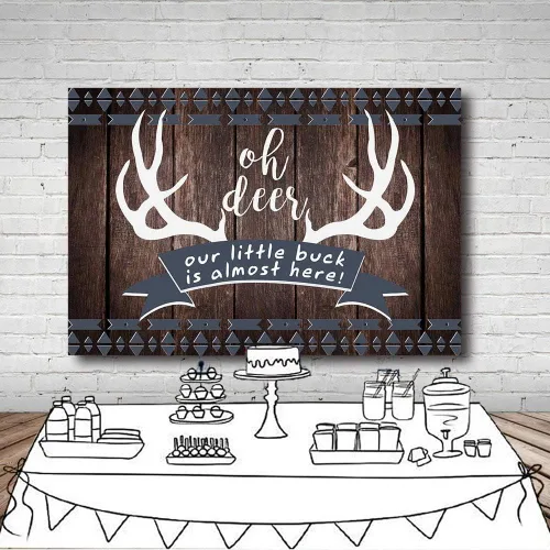 Vista 5 de MEHOFOND 7 x 5 pies rústico Oh Deer Baby Shower fondo de madera It's a Boy Buck On The Way Baby Shower Antlers Woodland telón de fondo decoración