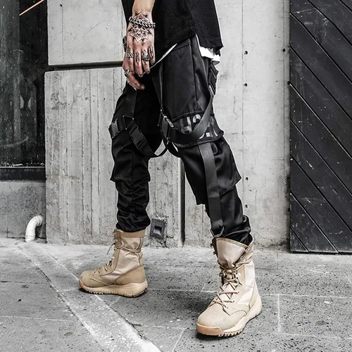 Vista 3 de XYXIONGMAO Ropa Techwear para hombre, pantalones de hip hop, ropa urbana negra, pantalones deportivos góticos, pantalones cargo tácticos para hombre