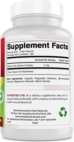 Vista 2 de Best Naturals Orotato de litio 5 mg 180 cápsulas - Sin OMG - Sin gluten