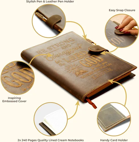 Vista 5 de Sovereign-Gear Diario religioso de cuero recargable, cuaderno de escritura A5 hecho a mano con bolígrafo, diario Joshua 1:9 "Be Strong & Courageous