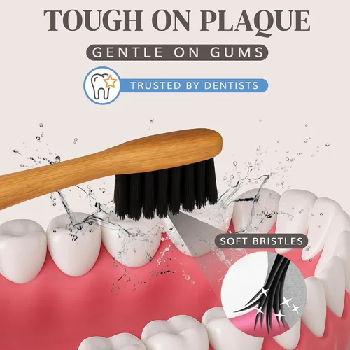 Vista 5 de MABLE Paquete de dos cepillos de dientes de bambú para adultos Cepillos de dientes de cerdas suaves con infusión de carbón Madera natural