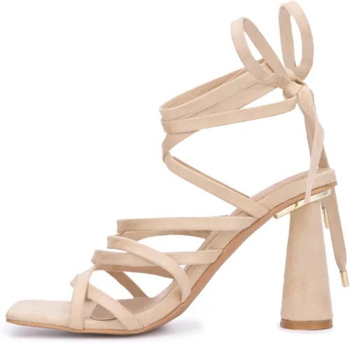 Vista 3 de Olivia Miller Nia - Zapatos de mujer de ante sintético a la moda para fiesta, con tiras finas, con cordones y puntera cuadrada abierta, tacón medio