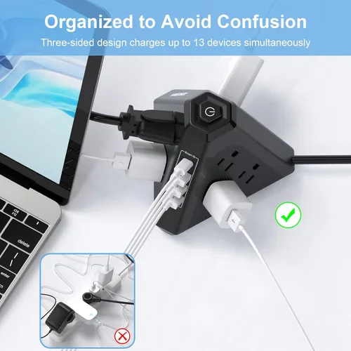 Vista 5 de NVEESHOX - Regleta de alimentación con protector de sobretensiones en torre, 9 salidas de CA con 4 puertos USB (1 USB C), enchufes triangulares de 3