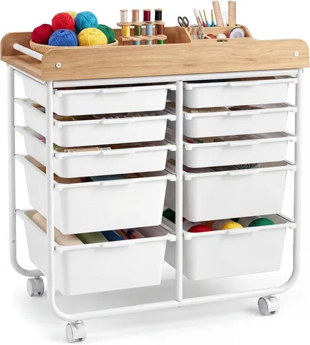 Vista 25 de GOFLAME Carrito de almacenamiento rodante de 9 cajones, carrito de utilidad móvil con cajones extraíbles y marco de metal, carrito organizador