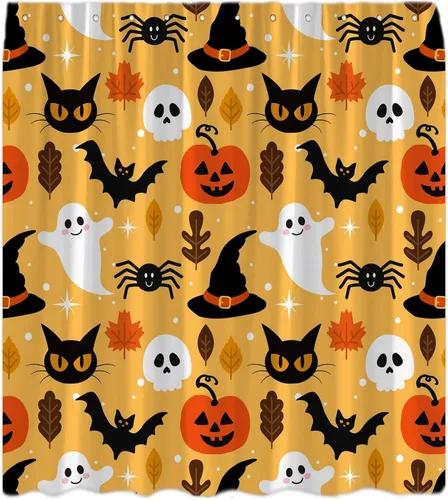 Vista 8 de Cortina de ducha azul de Halloween, linda cortina de baño de fantasma, terror, calabaza, espeluznante, gato negro, calavera aterradora, murciélago