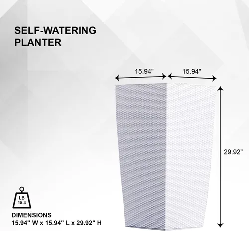 Vista 2 de XBrand Maceta cuadrada de ratán blanco de 30 pulgadas de alto para interiores y exteriores, maceta decorativa alta para jardinería, decoración