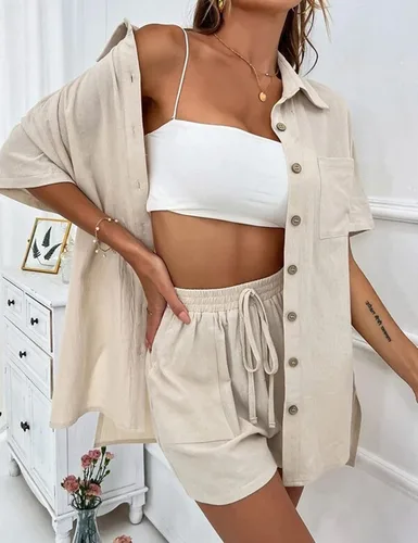 Vista 3 de JovenPara Conjunto corto casual de lino y algodón para mujer, conjunto de 2 piezas, camisa de media manga y cintura alta con cordón1