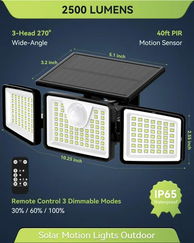 Vista 2 de Daphino - Luces solares para exteriores de 2500 lm con sensor de movimiento, luces de calle de 3 cabezales con ángulo amplio de 270°, iluminación