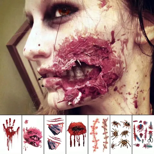 Vista 2 de Adhesivo de tatuaje facial temporal de Halloween, cicatriz de zombi 3D, herida sanguinolenta falsa para fiesta de cosplay, decoración de broma