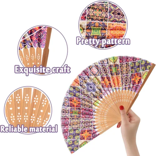 Vista 3 de Abanico de mano de bambú Salutto con patrón impreso, abanico plegable para regalo de fiesta de boda, azulejo vidriado