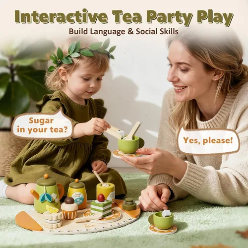 Vista 5 de Juego de té de madera para niños pequeños, juguetes de fiesta de té de simulación para niños de 3 a 5 años, regalo para niñas y niños