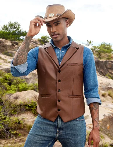 Vista 2 de COOFANDY Chaleco de traje de cuero para hombre, chaleco casual occidental, chaqueta ligera con cuello en V