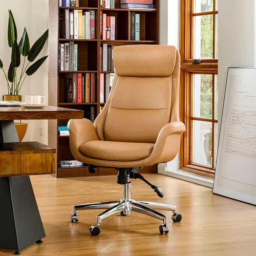 Vista 13 de Glitzhome Mid-Century Modern Air Leatherette Silla de trabajo ajustable giratoria con respaldo alto, silla de oficina para computadora con Negro