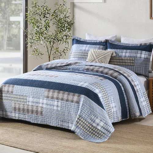 Vista 2 de Y-PLWOMEN Colcha tamaño Queen – Colcha reversible de 100% algodón a rayas estilo granja, ligera, acogedora y moderna, ropa de cama de campo para Azul