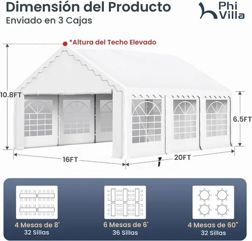 Vista 8 de PHI VILLA Carpa para Fiestas de Servicio Pesado de 20'x16' para Exteriores, Gran Toldo Comercial, Refugio para Eventos de Boda con Paredes Laterales