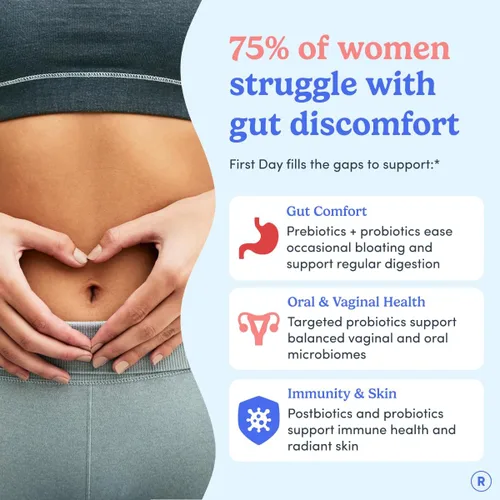 Vista 2 de FIRST DAY Gomitas probióticas 3 en 1 para mujer - Prebiótico + probiótico + suplemento postbiótico - Apoya la salud digestiva y oral, función