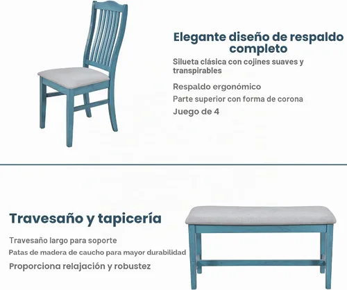 Vista 3 de Juego de mesa de comedor vintage de 6 piezas, juego de mesa de comedor de cocina de madera maciza con 4 sillas ergonómicas acolchadas y banco, mesa