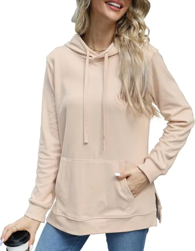 Vista 2 de Sudaderas con capucha para mujer, con dobladillo dividido, con cordón, casual, manga larga, con bolsillos