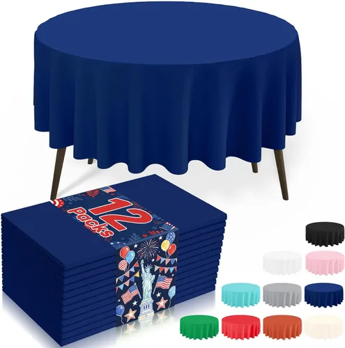 Vista 9 de misaya Paquete de 4 manteles desechables de plástico, mantel redondo impermeable de 84 pulgadas, a prueba de fugas y resistentes manteles Azul