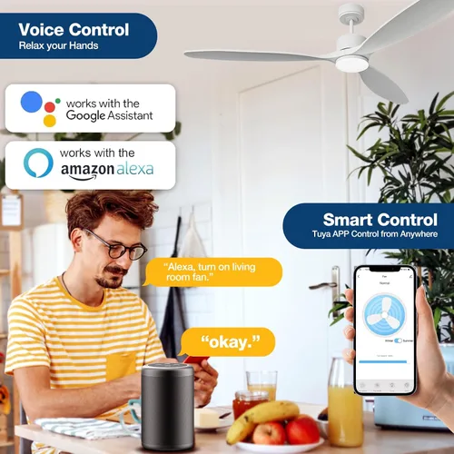 Vista 5 de Ventilador de techo inteligente de 70 pulgadas con luces, ventilador de techo con aspas de madera maciza con control remoto, Alexa, controles