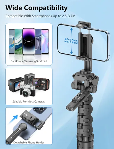 Vista 6 de Trípode de teléfono de 72 pulgadas y palo para selfie, soporte extensible para teléfono celular con control remoto desmontable y soporte