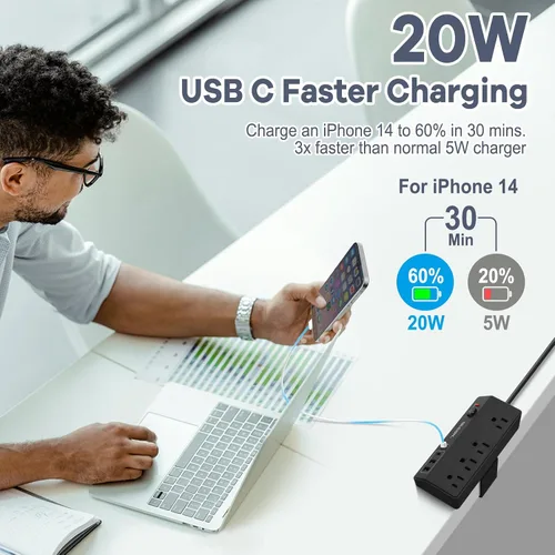 Vista 3 de Regleta de Energía con Abrazadera para Escritorio - Estación de Carga Rápida USB C de 20W - Regleta de Energía para Escritorio con Enchufe Plano