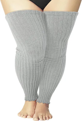 Vista 7 de Calentadores de piernas de talla grande para mujer, calcetines de punto por encima de la rodilla sin pies para muslos gruesos C01-negro/gris oscuro