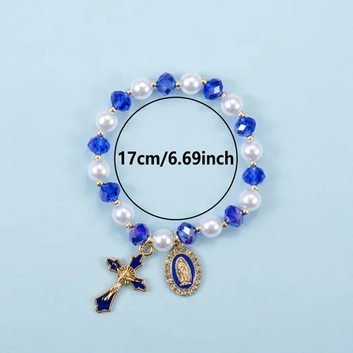 Vista 5 de Pulsera elástica de Virgen María con dije de cruz – Cristal de perlas multicolor con cuentas de joyería religiosa católica para mujer, regalo