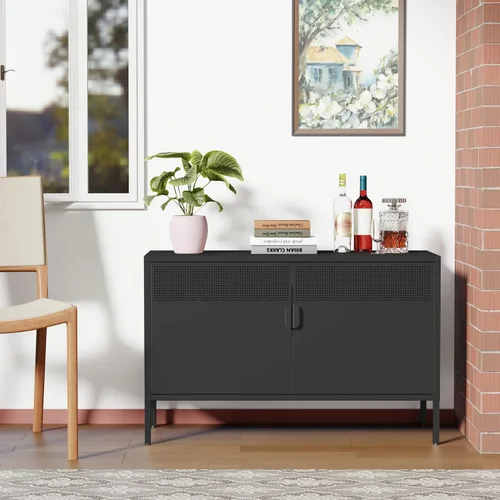 Vista 6 de Gabinete de almacenamiento de metal ancho negro, gabinete de acento de 2 puertas para el hogar y la oficina, gabinete de metal bajo de 2 niveles