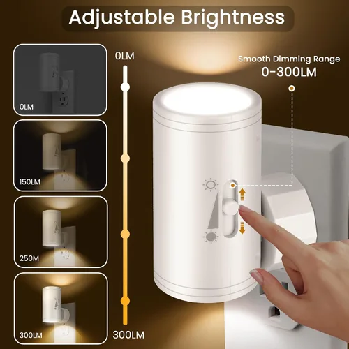 Vista 5 de Luz nocturna LED de pared enchufable con regulación de 0 a 300 lúmenes, blanco cálido de 2700 K, sensor de luz de encendido/apagado automático