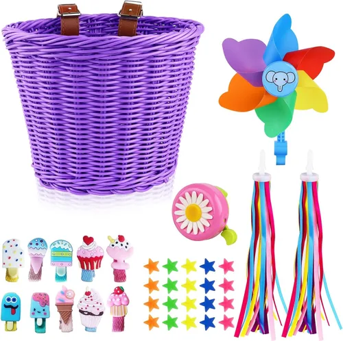 Vista 10 de Cesta de Bicicleta para Niños, Cesta de Bicicleta Desmontable para Niñas con Coloridas Serpentinas de Bicicleta, Campana de Bicicleta, Molinillo