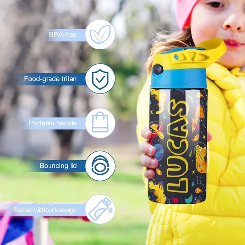 Vista 5 de Artsadd Botella de agua personalizada de dinosaurio para niños, botella de agua con nombre personalizado con pajita, regalo personalizado para niños