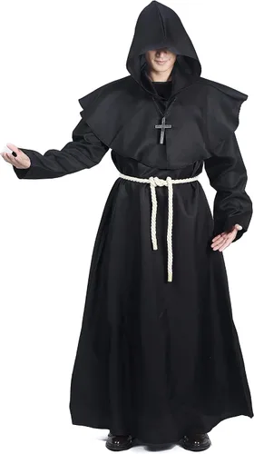 Vista 4 de Qerhod Disfraz de Halloween para cosplay, medieval con capucha, bata de monje para hombre, incluye collar