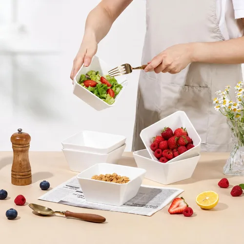 Vista 2 de Samsle Juego de 6 cuencos de porcelana para cereales, cuadrados de 16 onzas, cuencos de cerámica blanca de 5 pulgadas para ensalada, sopa
