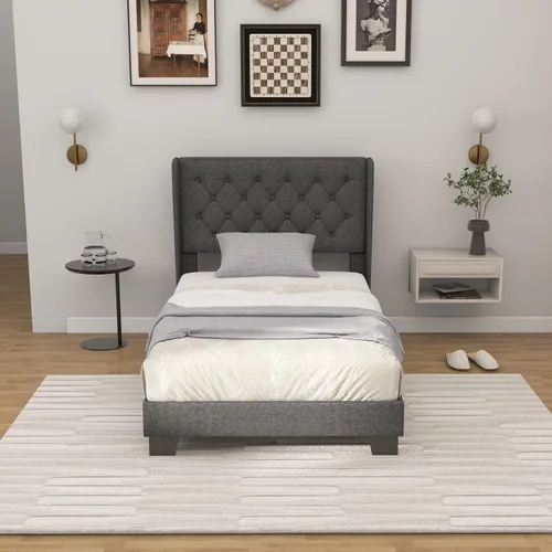 Vista 3 de Giantex Base de cama individual para niños, cama tapizada de tela moderna con cabecera capitoné con botones en la parte trasera de alas, base