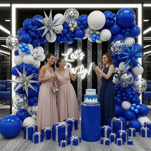 Vista 6 de Kit de arco de guirnalda de globos azul real, blanco y plateado, globos azules metálicos con globos de papel de aluminio en forma de explosión Azul