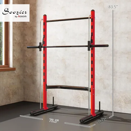 Vista 7 de Soozier Squat Rack with Pull Up Bar Adjustable Power Black Rojo