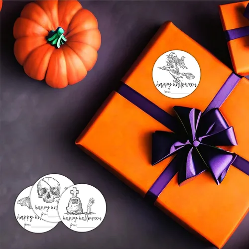 Vista 4 de 40 etiquetas redondas de Halloween, calcomanías redondas con tema de boceto de 2 pulgadas para envoltura de Halloween, 4 estilos de calavera