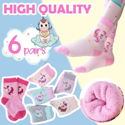 Vista 4 de ANTSANG Calcetines mullidos con agarres antideslizantes para niños y niñas, calcetines mullidos y acogedores de felpa cálidos, paquete de 6