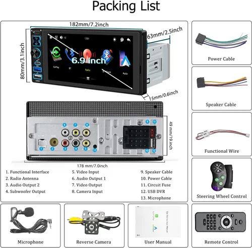 Vista 8 de Estéreo de coche de un solo DIN con Apple Carplay inalámbrico y Android Auto, radio IPS de 6.9 pulgadas con pantalla táctil Bluetooth 5.2, control